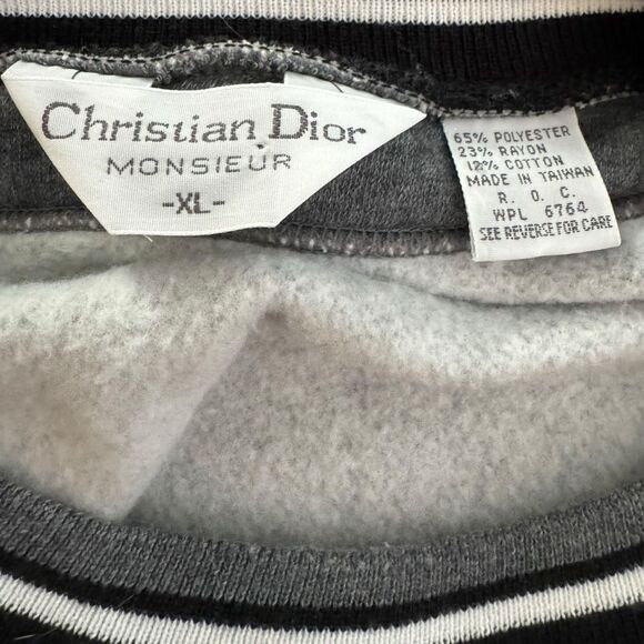 Vintage Christian Dior Monsieur Crest Pocketed Sweater XL Gray Striped Pullover - Picture 9 of 10